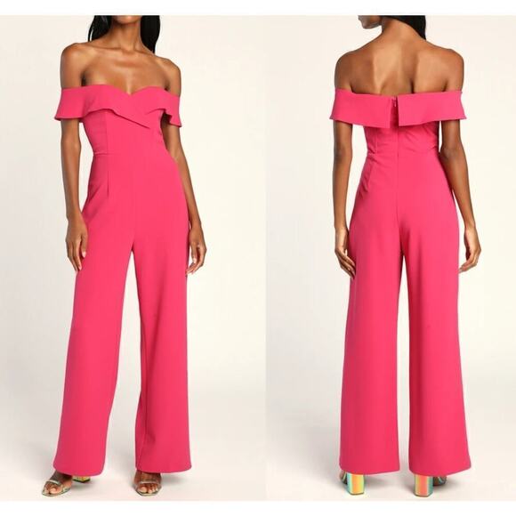 Lulus Love Me Tomorrow Jumpsuit Off The Shoulder Wide Leg Hot Pink NWT Size XS - Picture 2 of 12